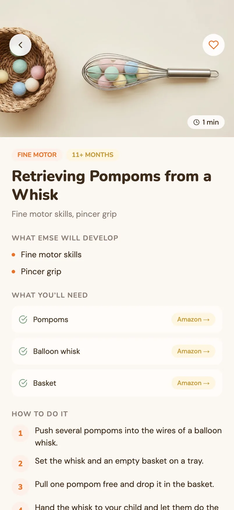 An activity page with photo, developmental area and step-by-step guidance