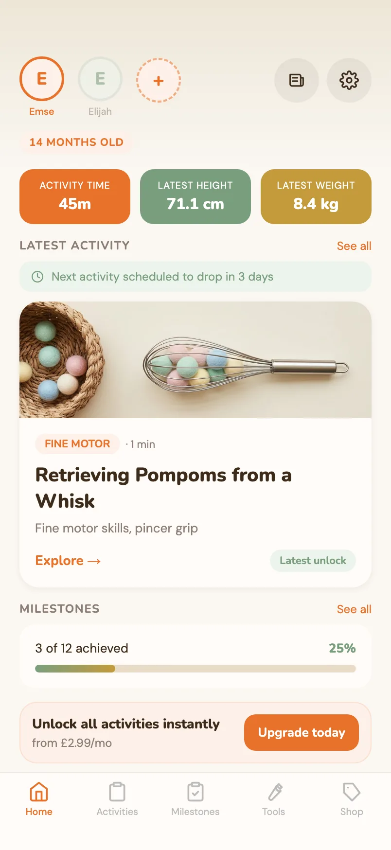 Home screen showing today’s activity, growth stats and milestone progress