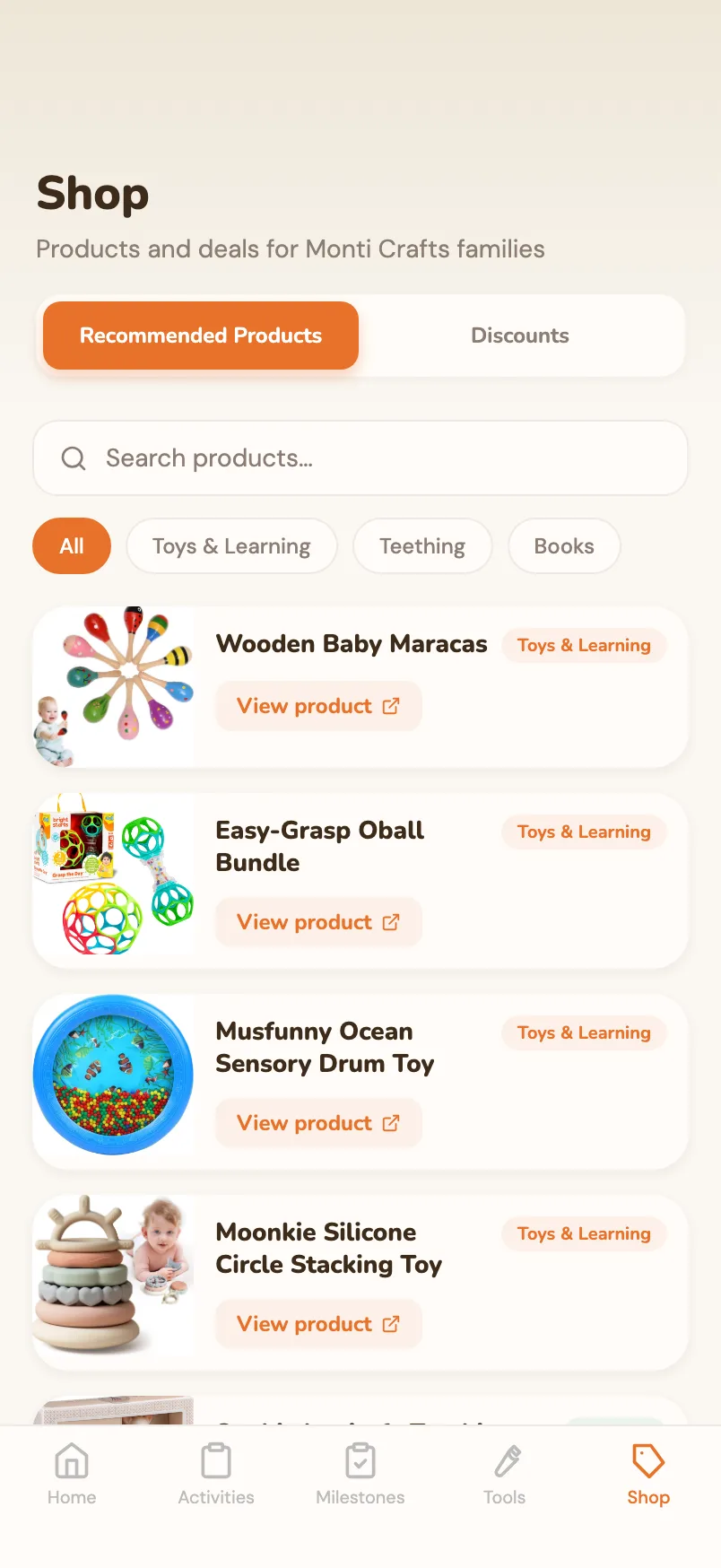 Shop tab with curated product suggestions for activities